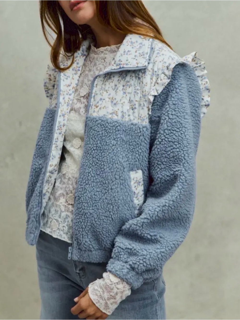 {NWT} SO ME Faux Fur Sherpa Pull Jacket with Floral Contrast Small - Picture 3 of 9